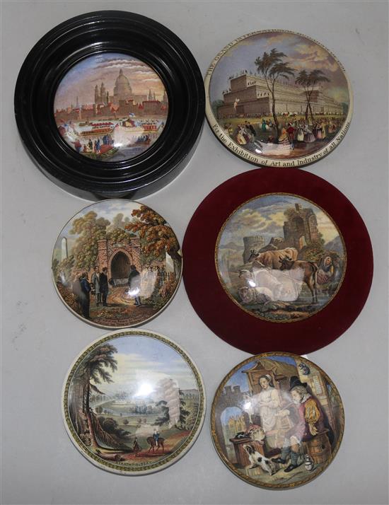 A Prattware pot lid, Grand International Buildings of 1851 (133), another Strathfieldsay (187) and four other pot lids,